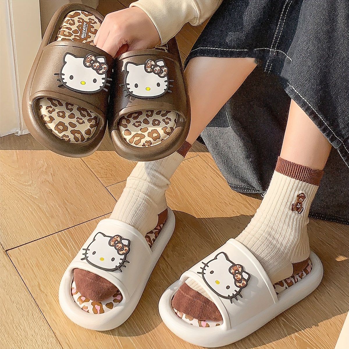 Hello Kitty Slippers Sanrio Hello Kitty Leopard Print Slippers | Cute Cartoon Design, EVA Material